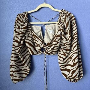 Women's HYFVE Long Sleeve Crop Top with Lace Up Back Zebra Print Long Sleeve S